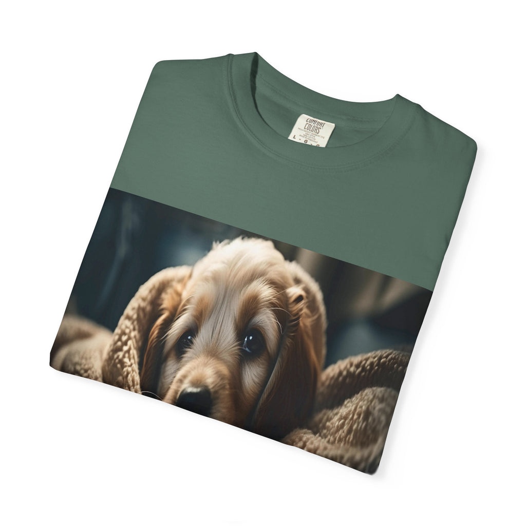 Cozy Puppy Photo T-Shirt — Cute Blanket Dog Graphic Tee