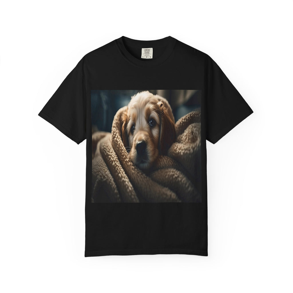 Cozy Puppy Photo T-Shirt — Cute Blanket Dog Graphic Tee