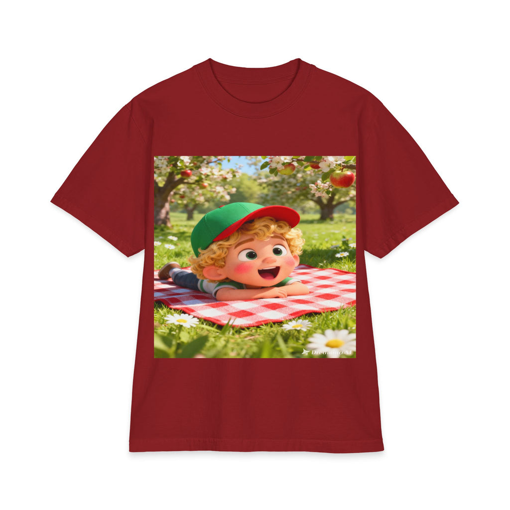 Kids Picnic Cartoon T‑Shirt — Cute Boy on Checkered Blanket