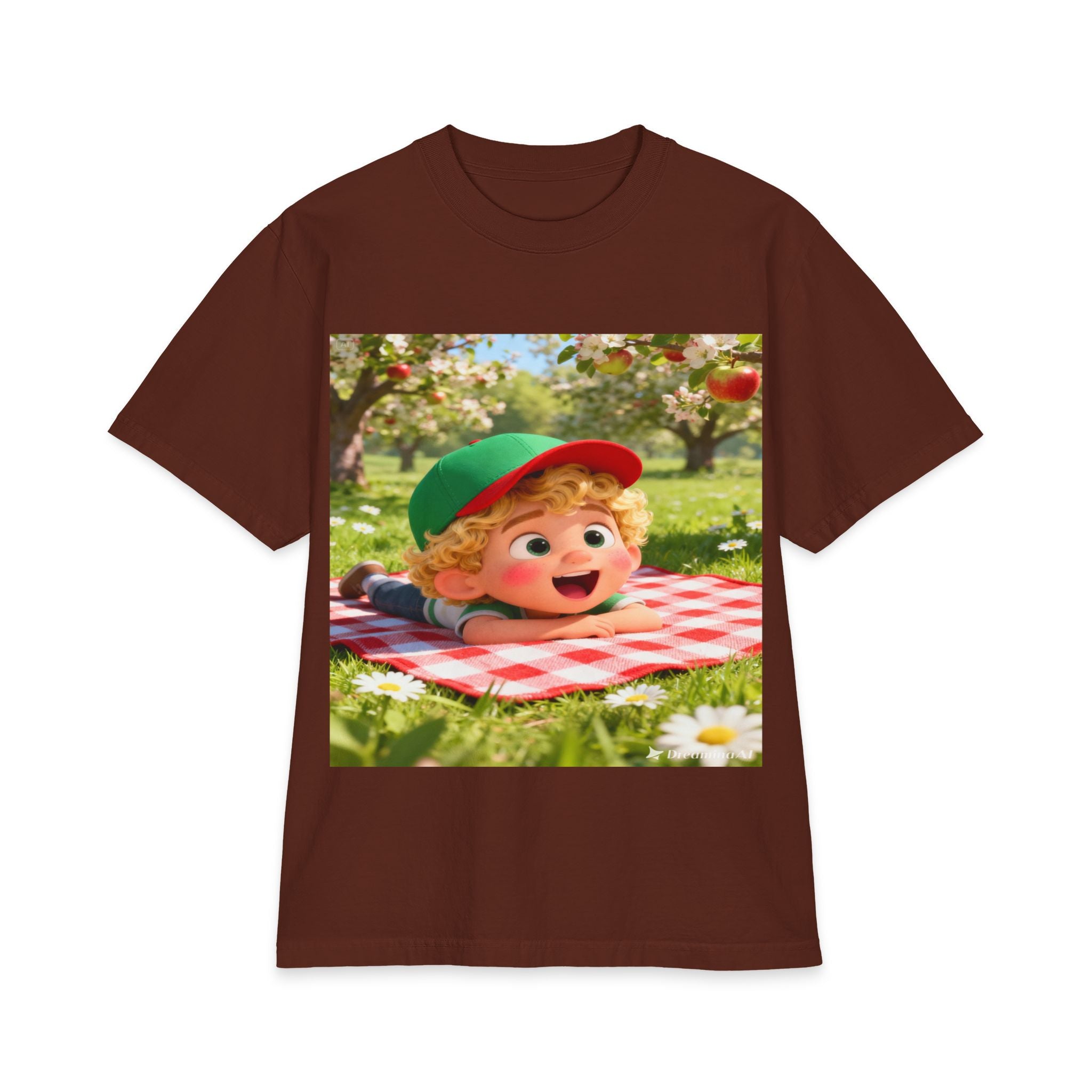 Kids Picnic Cartoon T‑Shirt — Cute Boy on Checkered Blanket