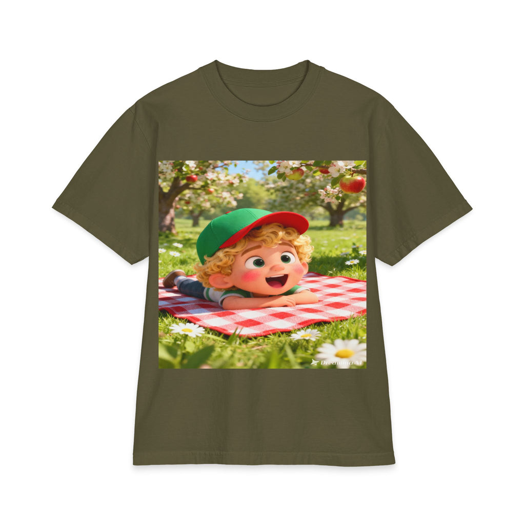 Kids Picnic Cartoon T‑Shirt — Cute Boy on Checkered Blanket