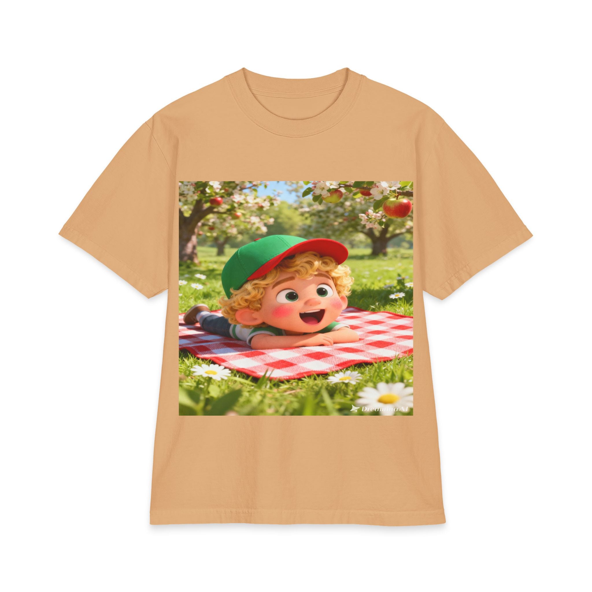 Kids Picnic Cartoon T‑Shirt — Cute Boy on Checkered Blanket
