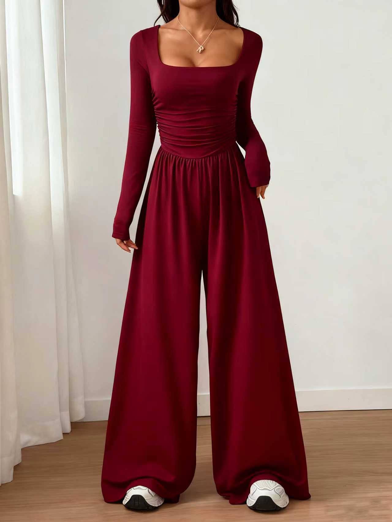 Square Neck Long Sleeve Wide Leg Jumpsuit