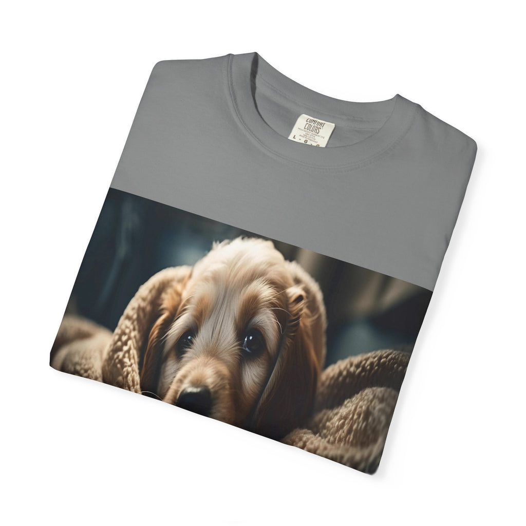 Cozy Puppy Photo T-Shirt — Cute Blanket Dog Graphic Tee