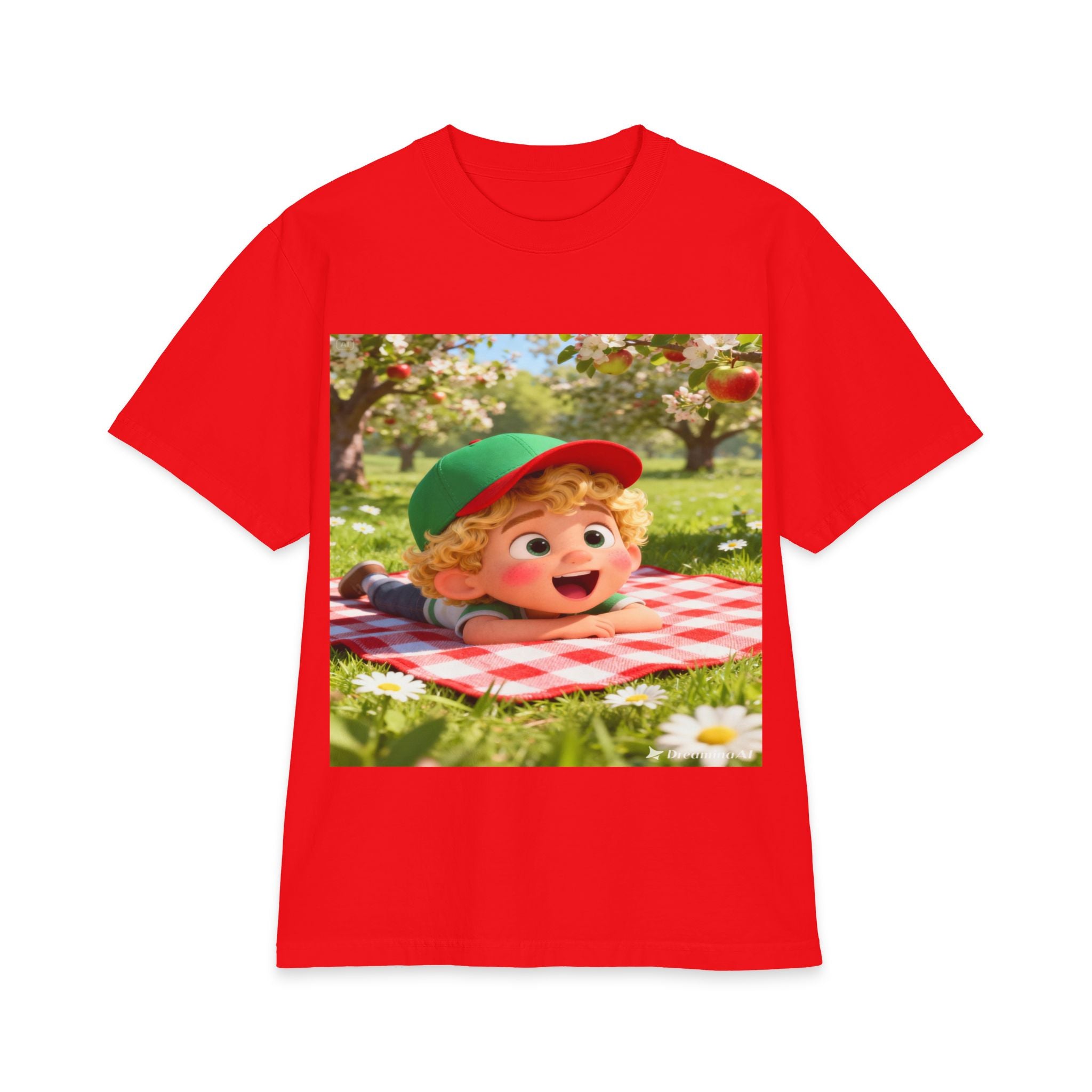 Kids Picnic Cartoon T‑Shirt — Cute Boy on Checkered Blanket